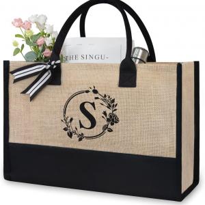 TOPDesign Initial Jute/Canvas Tote Bag, Personalized Present Bag, Suitable for Wedding, Birthday, Beach, Holiday, is a Great Gift for Women, Mom, Teachers, Friends, Bridesmaids (Letter S)