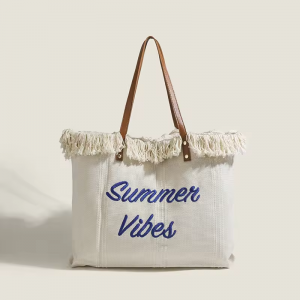 Fashion Women Beach Canvas Tote Bags Shoulder Purse Embroidery Summer Vibes Vacation Big Capacity Tassel Handbag