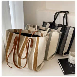 Korean Version Simple Stripes Large Capacity Ladies Handbags Canvas Striped Zipper Tote Bag Women's Single Shoulder Bag