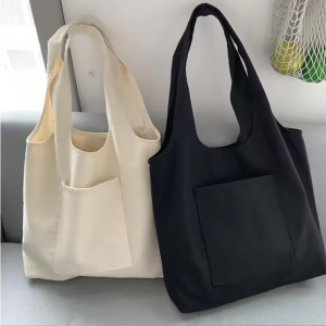 Reusable Eco Cotton Cloth Shopper Books Canvas Vest Shopping Bag Canvas Tote Bag with Pocket for Women Student Grocery