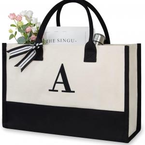 TOPDesign Embroidery Initial Canvas Tote Bag, Personalized Present Bag, Suitable for Wedding, Birthday, Beach, Holiday, is a Great Gift for Women, Mom, Teachers, Friends, Bridesmaids (Letter A)